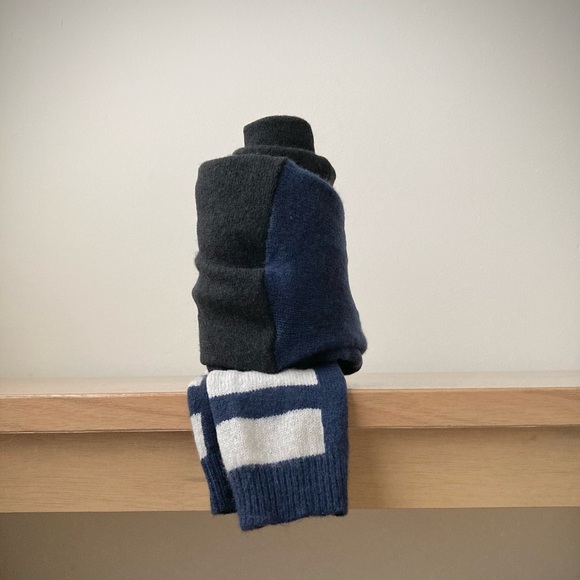 joodito 100% cashmere sweater preppy tie scarf muffler winter black navy striped - Picture 6 of 9